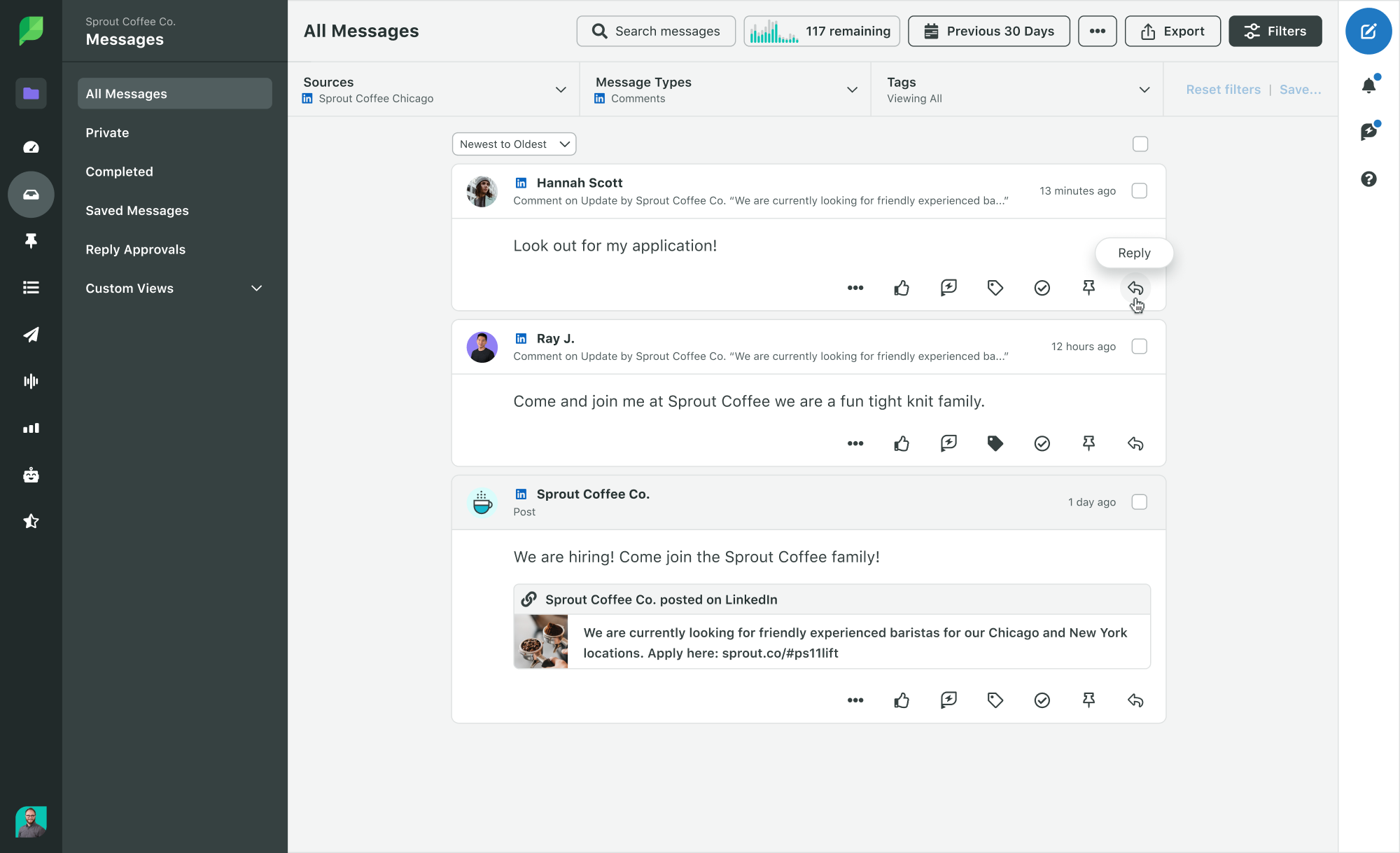 Sprout Social-Produktbild zeigt die Engagement Smart Inbox, in der alle LinkedIn-Filter und das Antwortfeld ausgewählt sind
