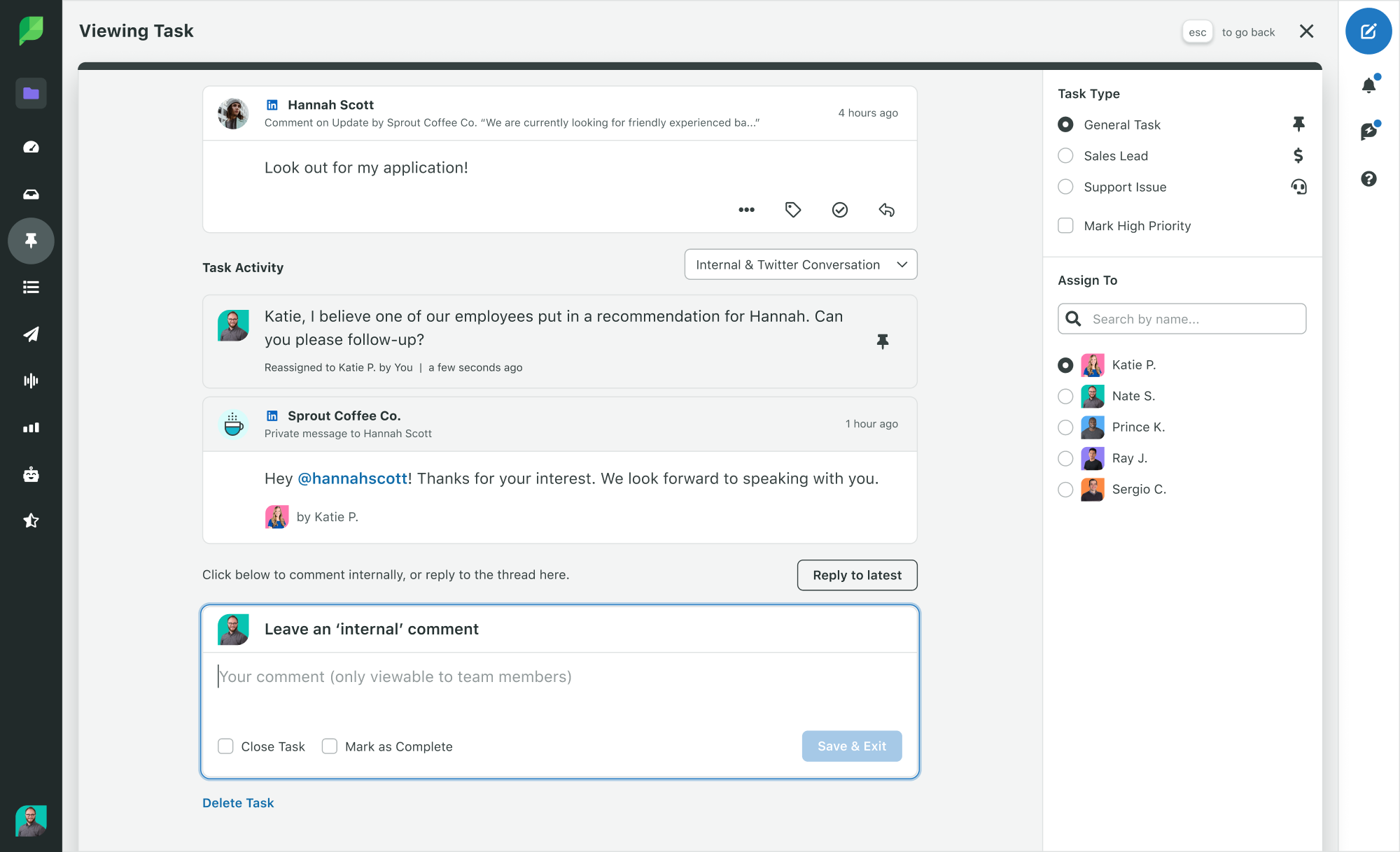 Sprout Social-Produktbild zeigt die Engagement-Aufgaben mit dem Aktivitätenverlauf von LinkedIn