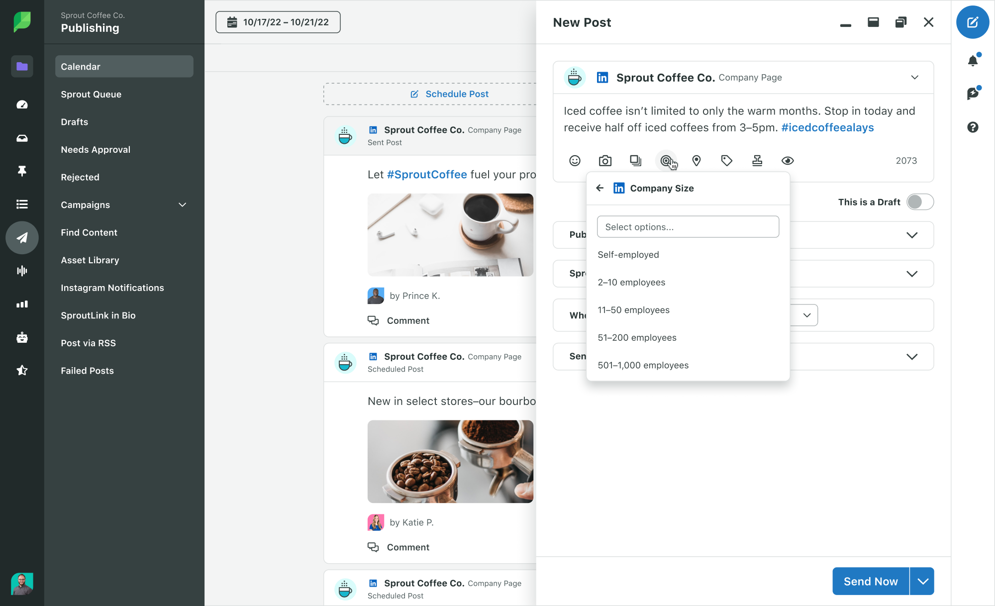 Sprout Social-Produktbild zeigt die Listenansicht des Veröffentlichungskalenders mit der „Verfassen“-Ansicht von LinkedIn Targeting
